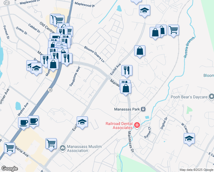 map of restaurants, bars, coffee shops, grocery stores, and more near 8505 Euclid Avenue in Manassas Park