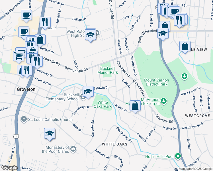 map of restaurants, bars, coffee shops, grocery stores, and more near 2246 Mary Baldwin Drive in Alexandria