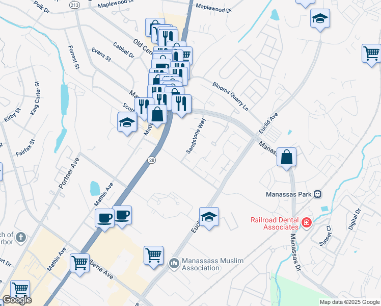 map of restaurants, bars, coffee shops, grocery stores, and more near 8635 Reinecke Court in Manassas Park