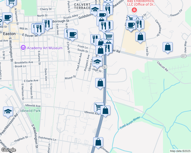map of restaurants, bars, coffee shops, grocery stores, and more near 900 High Street in Easton