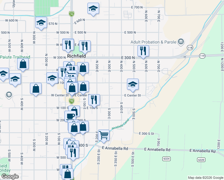 map of restaurants, bars, coffee shops, grocery stores, and more near 358 East 100 North in Richfield