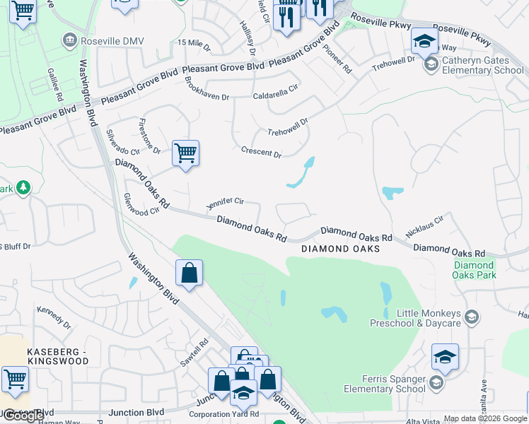 map of restaurants, bars, coffee shops, grocery stores, and more near 243 Jennifer Circle in Roseville