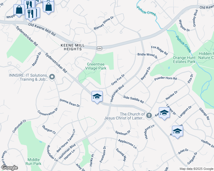 map of restaurants, bars, coffee shops, grocery stores, and more near 6709 Coachman Drive in Springfield