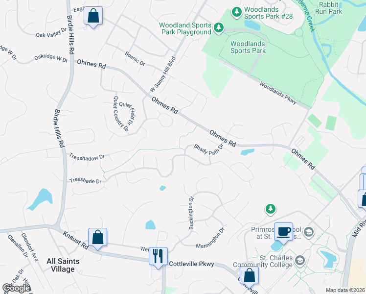 map of restaurants, bars, coffee shops, grocery stores, and more near 929 Shady Path Drive in St. Peters
