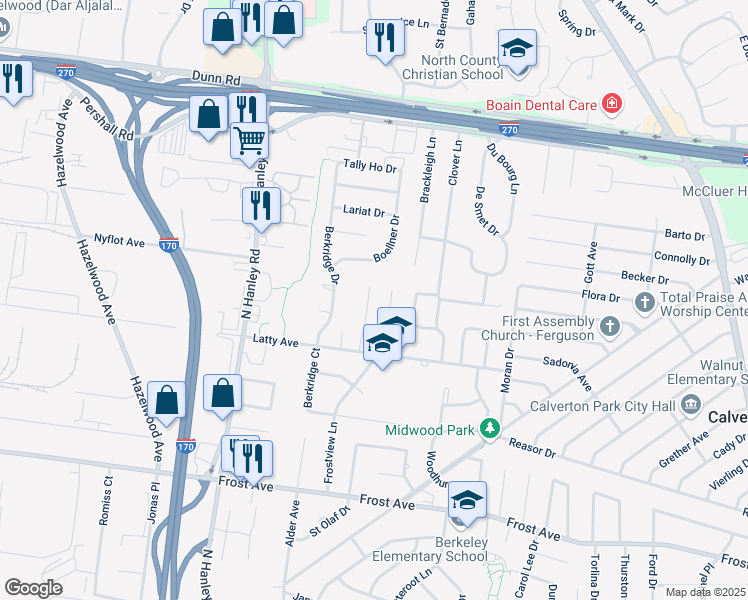 map of restaurants, bars, coffee shops, grocery stores, and more near 7036 Marlac Drive in Hazelwood