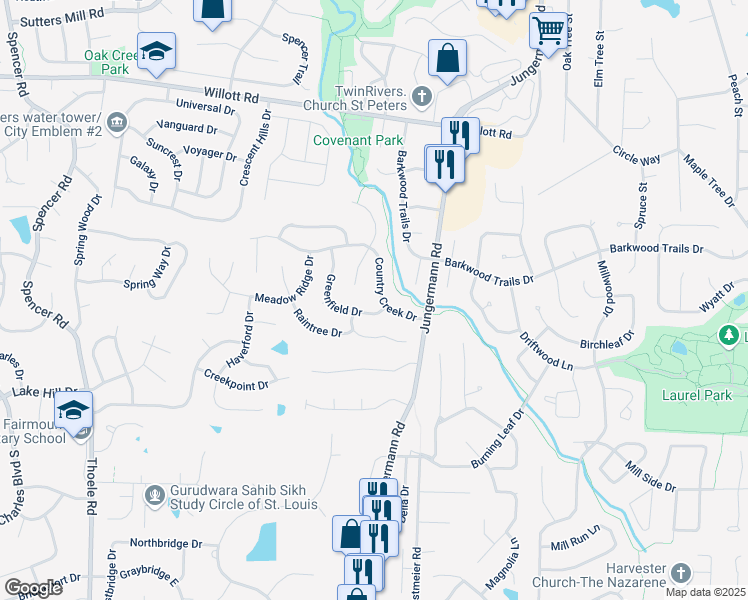 map of restaurants, bars, coffee shops, grocery stores, and more near 13 Country Creek Drive in St. Peters