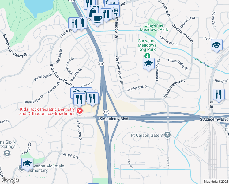 map of restaurants, bars, coffee shops, grocery stores, and more near 4344 Prestige Point in Colorado Springs