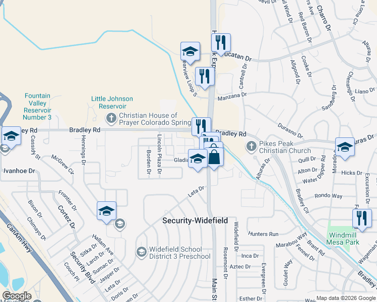 map of restaurants, bars, coffee shops, grocery stores, and more near 4694 Wharf Point in Colorado Springs