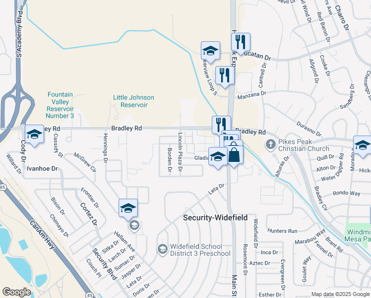 map of restaurants, bars, coffee shops, grocery stores, and more near 4430 Lincoln Plaza Drive in Colorado Springs