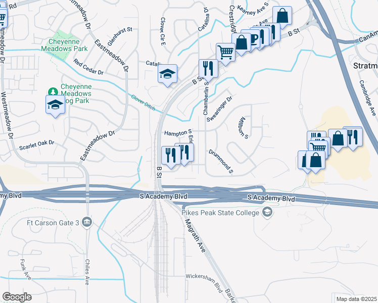 map of restaurants, bars, coffee shops, grocery stores, and more near 4323 Ericson Drive in Colorado Springs