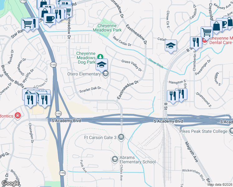 map of restaurants, bars, coffee shops, grocery stores, and more near 1138 Scarlet Oak Drive in Colorado Springs