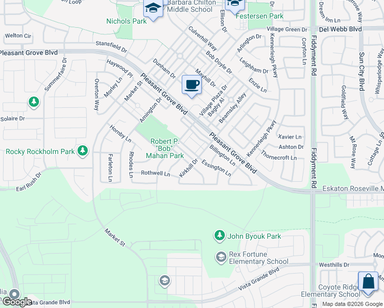 map of restaurants, bars, coffee shops, grocery stores, and more near 1028 Kirkhill Drive in Roseville