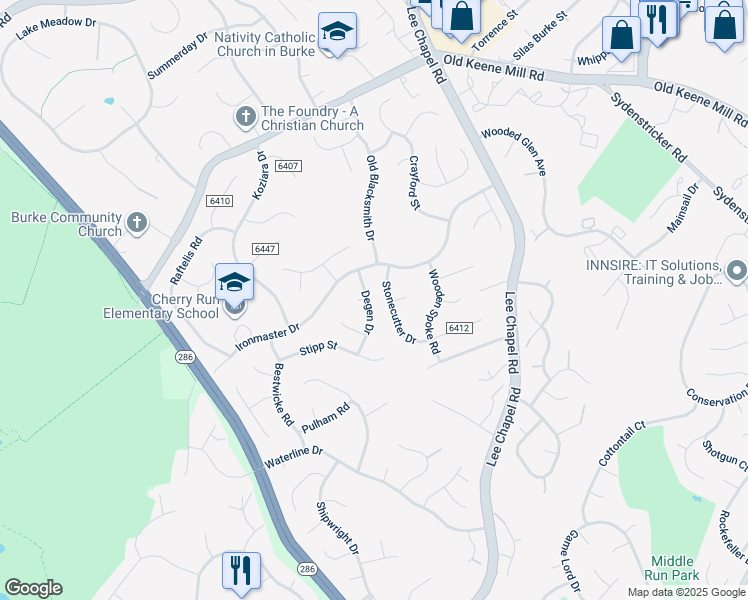 map of restaurants, bars, coffee shops, grocery stores, and more near 6609 Degen Drive in Burke