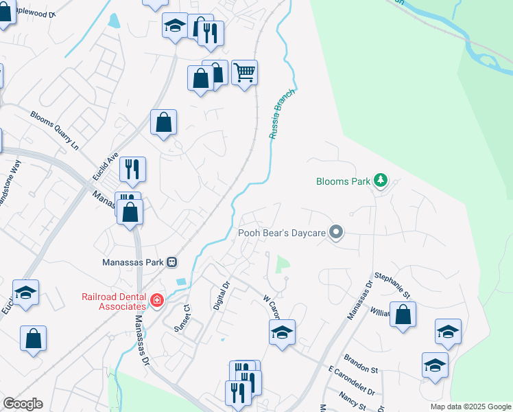 map of restaurants, bars, coffee shops, grocery stores, and more near 9786 Corbett Place in Manassas Park