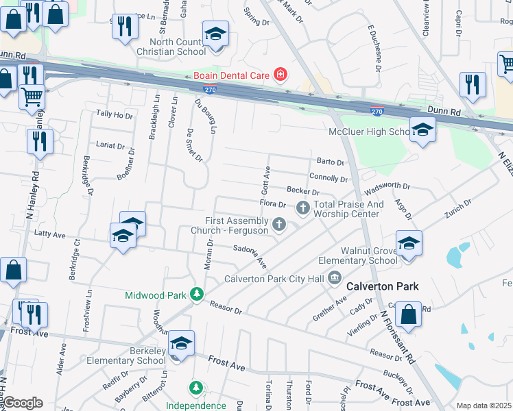 map of restaurants, bars, coffee shops, grocery stores, and more near 165 Flora Drive in St. Louis