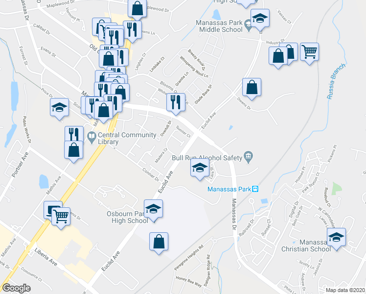 map of restaurants, bars, coffee shops, grocery stores, and more near 8619 Burnside Court in Manassas Park