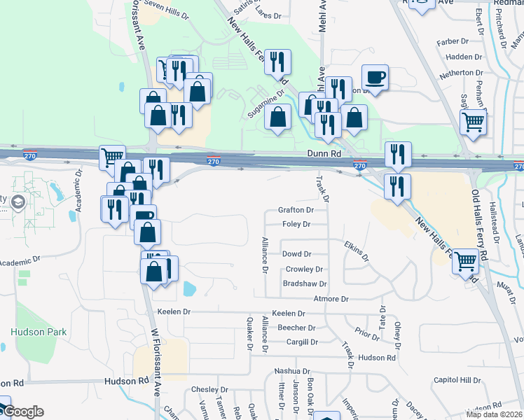 map of restaurants, bars, coffee shops, grocery stores, and more near 10749 Alliance Drive in St. Louis