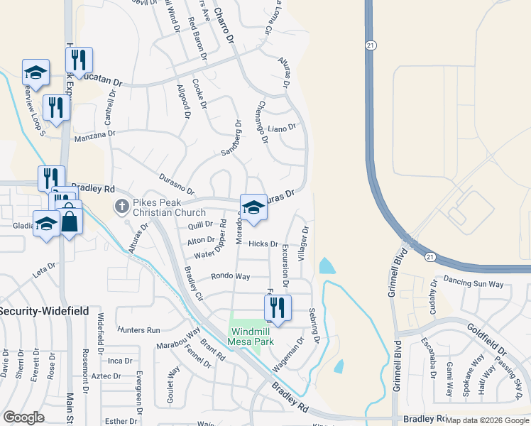 map of restaurants, bars, coffee shops, grocery stores, and more near 5225 Alturas Drive in Colorado Springs