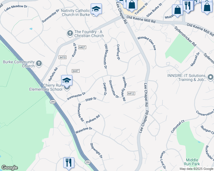 map of restaurants, bars, coffee shops, grocery stores, and more near 6609 Degen Drive in Burke