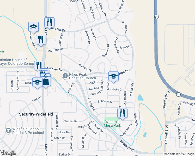 map of restaurants, bars, coffee shops, grocery stores, and more near 5120 Victory Road in Colorado Springs