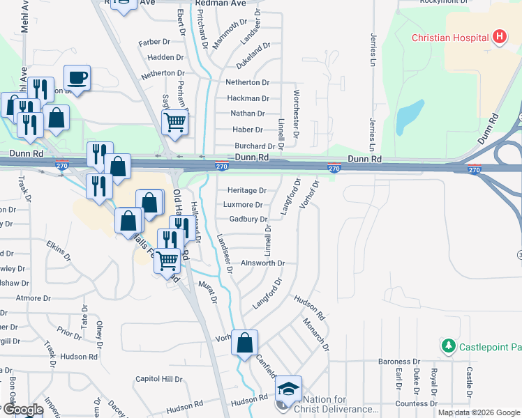 map of restaurants, bars, coffee shops, grocery stores, and more near 2281 Luxmore Drive in St. Louis