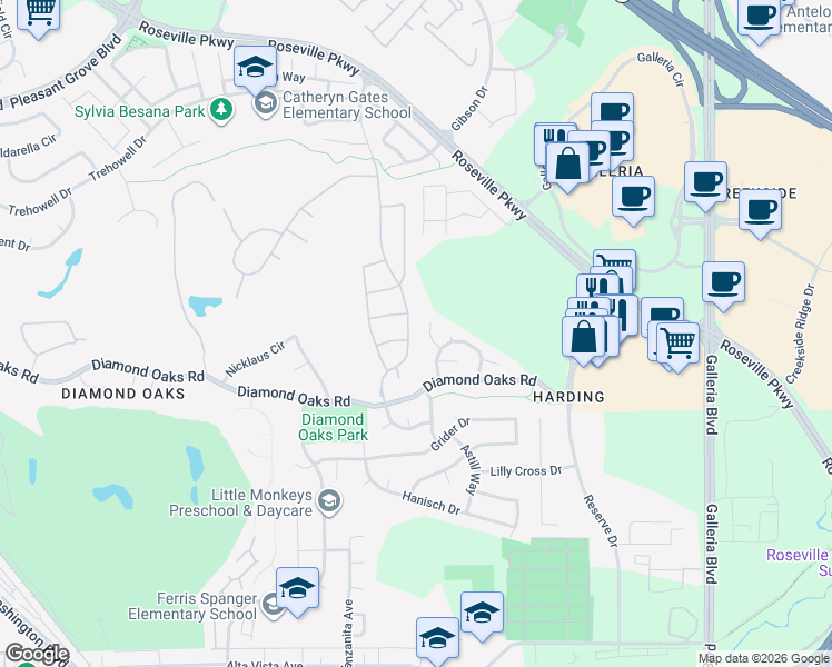 map of restaurants, bars, coffee shops, grocery stores, and more near 118 Amethyst Court in Roseville