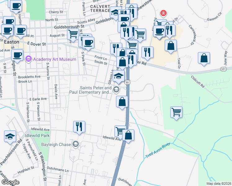 map of restaurants, bars, coffee shops, grocery stores, and more near 900 High Street in Easton