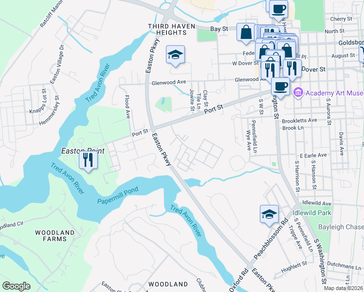 map of restaurants, bars, coffee shops, grocery stores, and more near 301 Meadow Drive in Easton