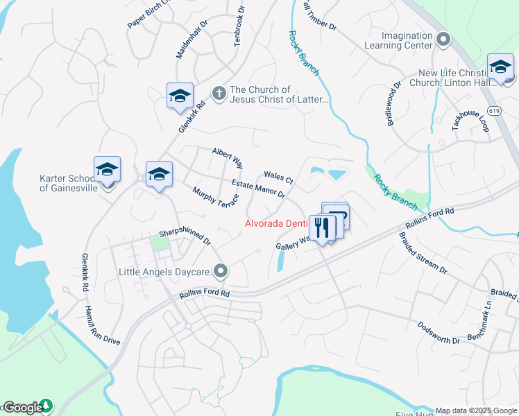 map of restaurants, bars, coffee shops, grocery stores, and more near 14009 Hyde Park Place in Gainesville