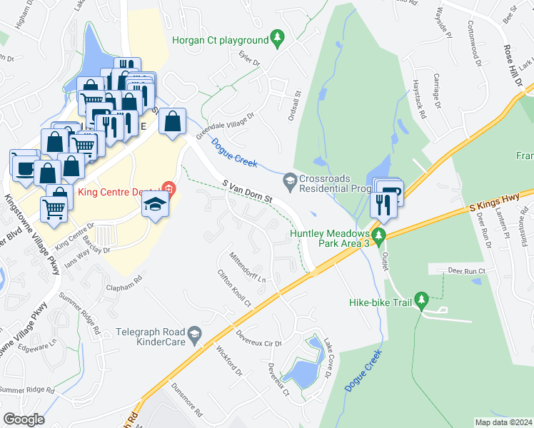 map of restaurants, bars, coffee shops, grocery stores, and more near 5211 Leeward Lane in Alexandria