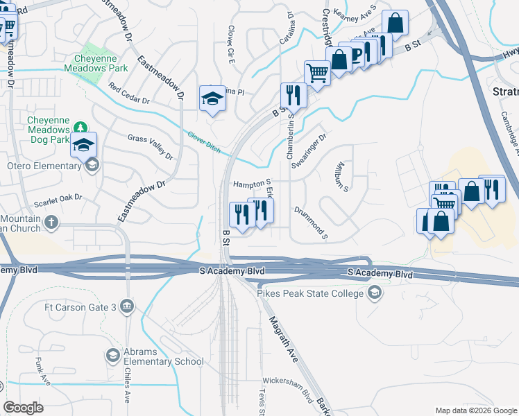 map of restaurants, bars, coffee shops, grocery stores, and more near 4319 Lashelle Avenue in Colorado Springs