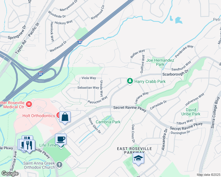 map of restaurants, bars, coffee shops, grocery stores, and more near 2295 Petruchio Way in Roseville