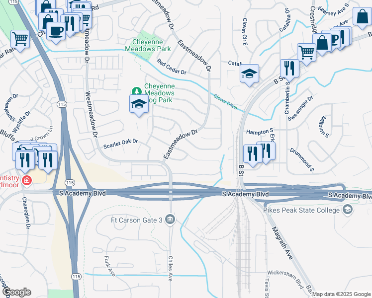 map of restaurants, bars, coffee shops, grocery stores, and more near 1460 Gumwood Drive in Colorado Springs