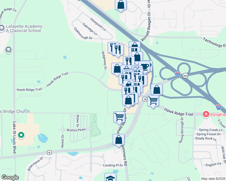 map of restaurants, bars, coffee shops, grocery stores, and more near Hawk Ridge Trail in Lake Saint Louis