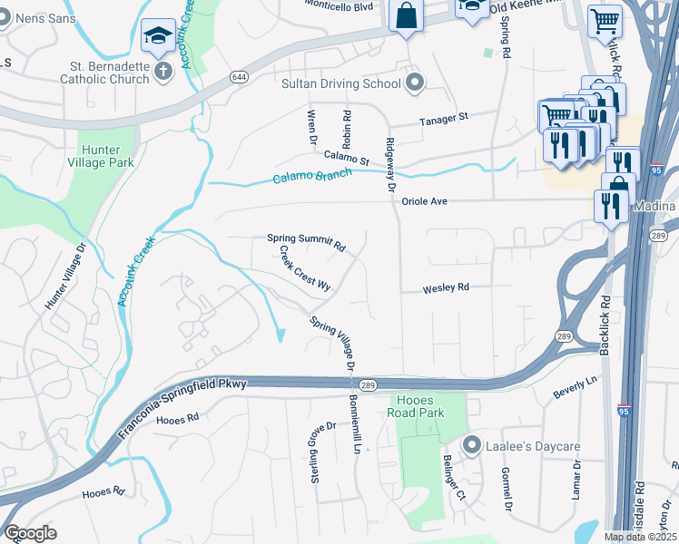 map of restaurants, bars, coffee shops, grocery stores, and more near 6804 Hampton Creek Way in Springfield