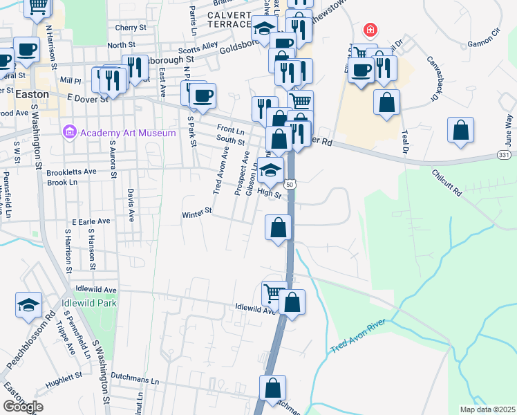 map of restaurants, bars, coffee shops, grocery stores, and more near 900 High Street in Easton
