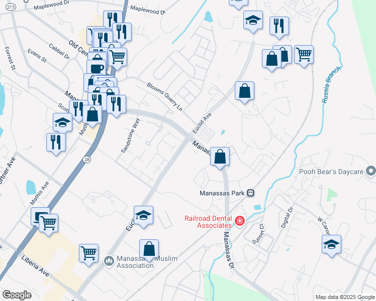 map of restaurants, bars, coffee shops, grocery stores, and more near 8503 Euclid Avenue in Manassas Park