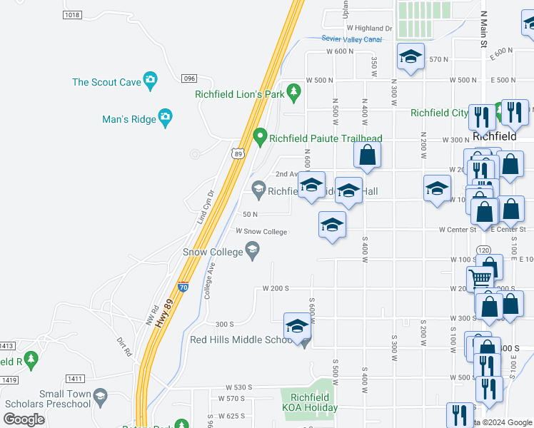 map of restaurants, bars, coffee shops, grocery stores, and more near 50 North in Richfield