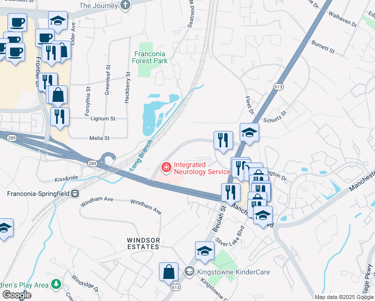 map of restaurants, bars, coffee shops, grocery stores, and more near 6359 Walker Lane in Franconia
