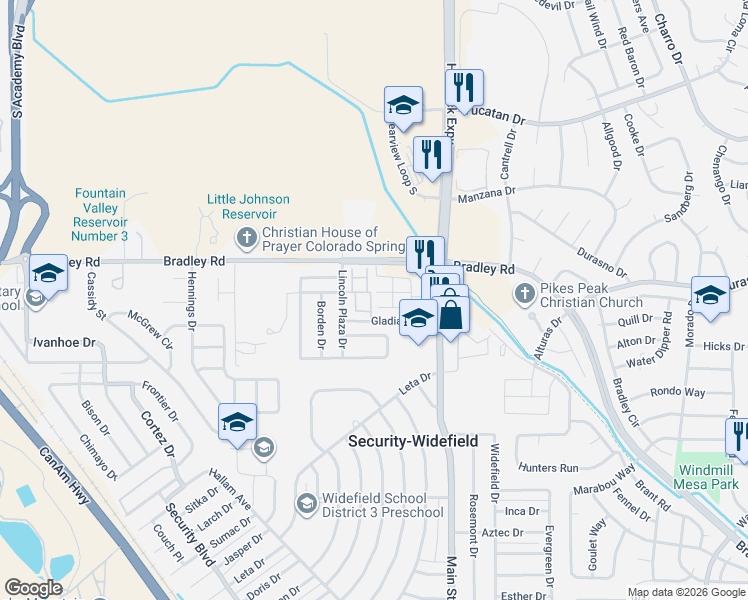 map of restaurants, bars, coffee shops, grocery stores, and more near 4297 Perryville Point in Colorado Springs