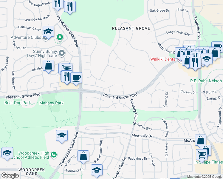 map of restaurants, bars, coffee shops, grocery stores, and more near 200 Ironstone Court in Roseville