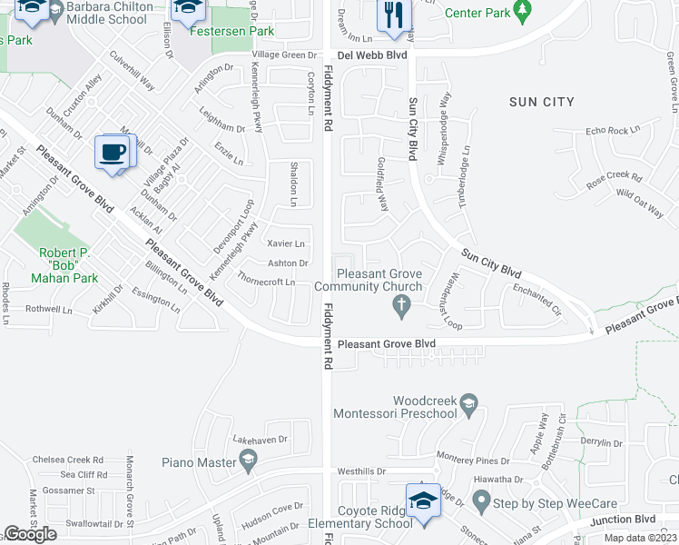 map of restaurants, bars, coffee shops, grocery stores, and more near 6725 Fiddyment Road in Roseville