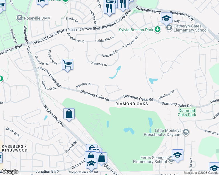 map of restaurants, bars, coffee shops, grocery stores, and more near 337 Ironwood Circle in Roseville