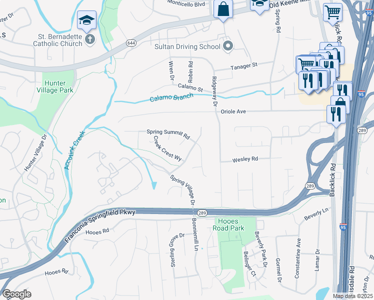 map of restaurants, bars, coffee shops, grocery stores, and more near 6804 Hampton Creek Way in Springfield