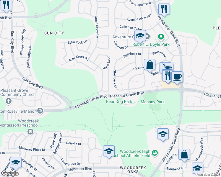 map of restaurants, bars, coffee shops, grocery stores, and more near 4026 Sylvan Glen Lane in Roseville