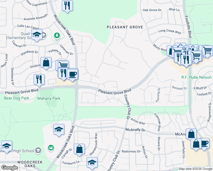 map of restaurants, bars, coffee shops, grocery stores, and more near 200 Ironstone Court in Roseville