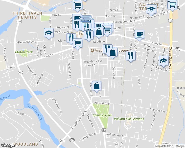 map of restaurants, bars, coffee shops, grocery stores, and more near 100 Beech Place in Easton