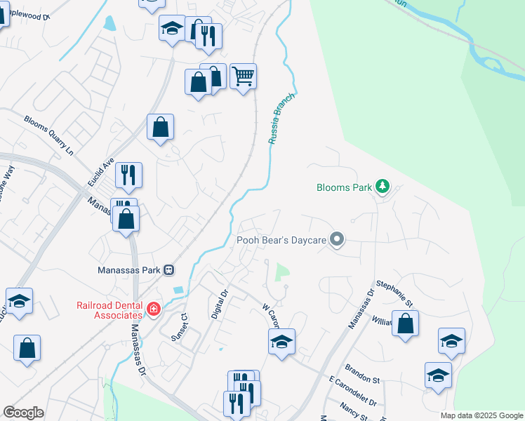 map of restaurants, bars, coffee shops, grocery stores, and more near 9796 Corbett Place in Manassas Park