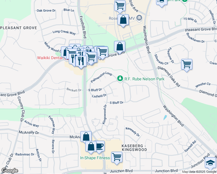map of restaurants, bars, coffee shops, grocery stores, and more near 1275 South Bluff Drive in Roseville