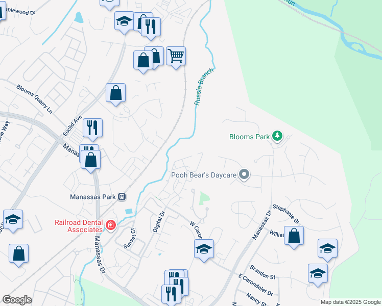 map of restaurants, bars, coffee shops, grocery stores, and more near 9796 Corbett Place in Manassas Park